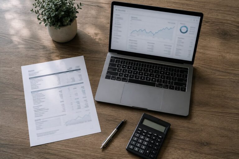 A laptop and calculator on a desk, weighing 401k after layoff options: leave it, roll it over, or cash out.