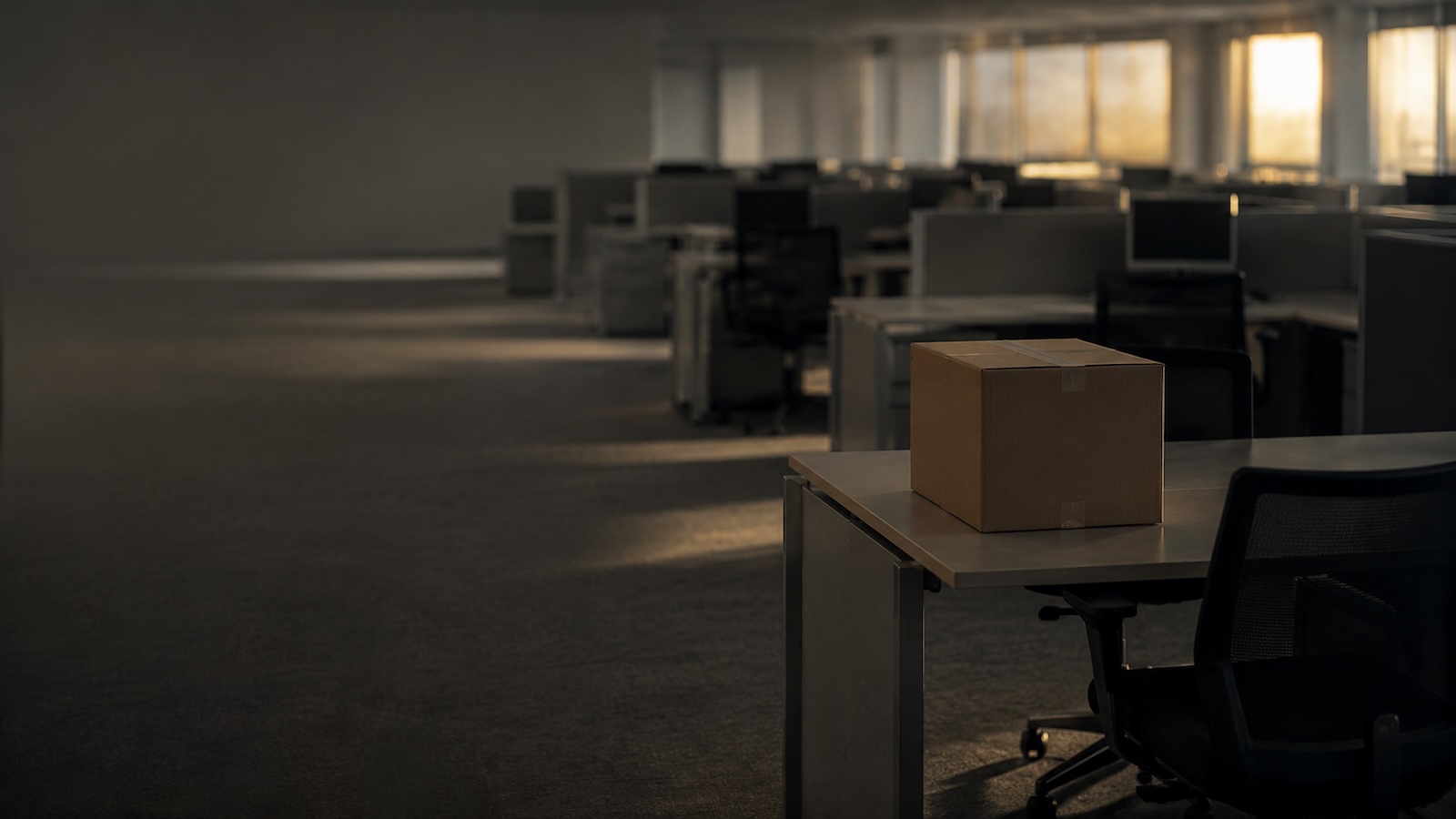 A lone cardboard box on an empty office desk after a round of layoffs