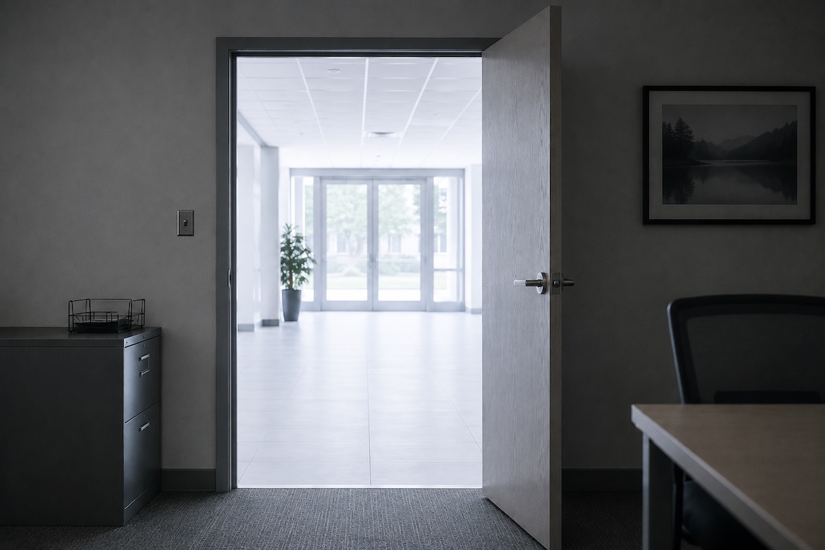 An open office door looking out to a bright exit hallway, illustrating at-will employment, the door that swings both ways for employer and employee.