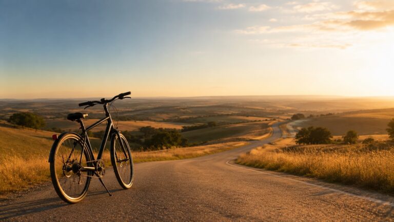 A bicycle at the crest of a hill on a golden-hour country road that winds downhill ahead, illustrating Coast FI, the point where momentum carries you