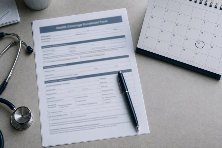 A health insurance enrollment form and a calendar with a deadline circled on a desk, illustrating the COBRA vs marketplace decision after a layoff.