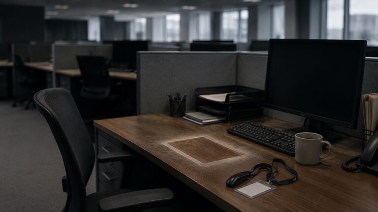Empty office desk after a layoff, a clean rectangle marking where a family photo stood, showing the real cost of company loyalty