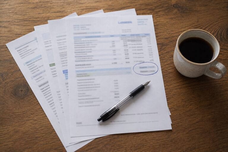 A stack of bills with one circled in pen, weighing debt or emergency fund when a job feels shaky.