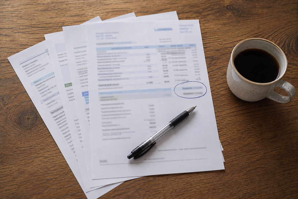 A stack of bills with one circled in pen, weighing debt or emergency fund when a job feels shaky.