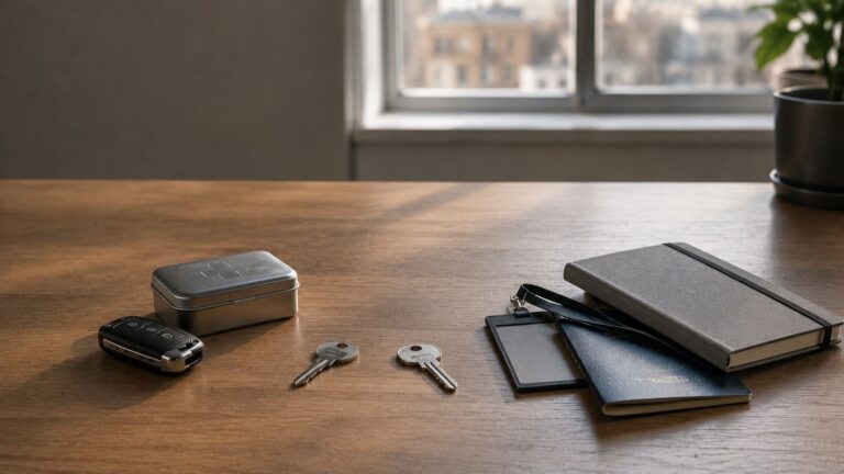 Emergency fund vs escape fund concept: two keys on a wooden desk, one beside a car fob and first-aid tin, the other beside a passport and employee ID badge, in soft morning window light