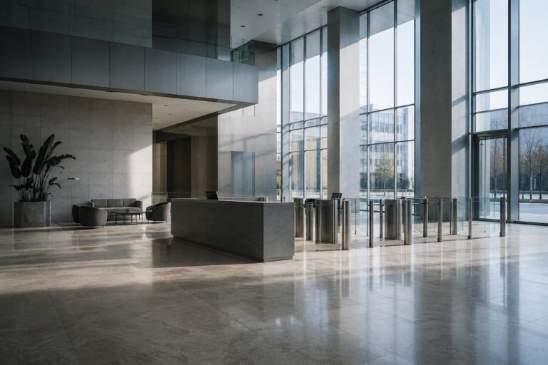 An empty modern corporate office lobby in cool morning light, the kind of space where layoff-day security waits before anyone arrives.