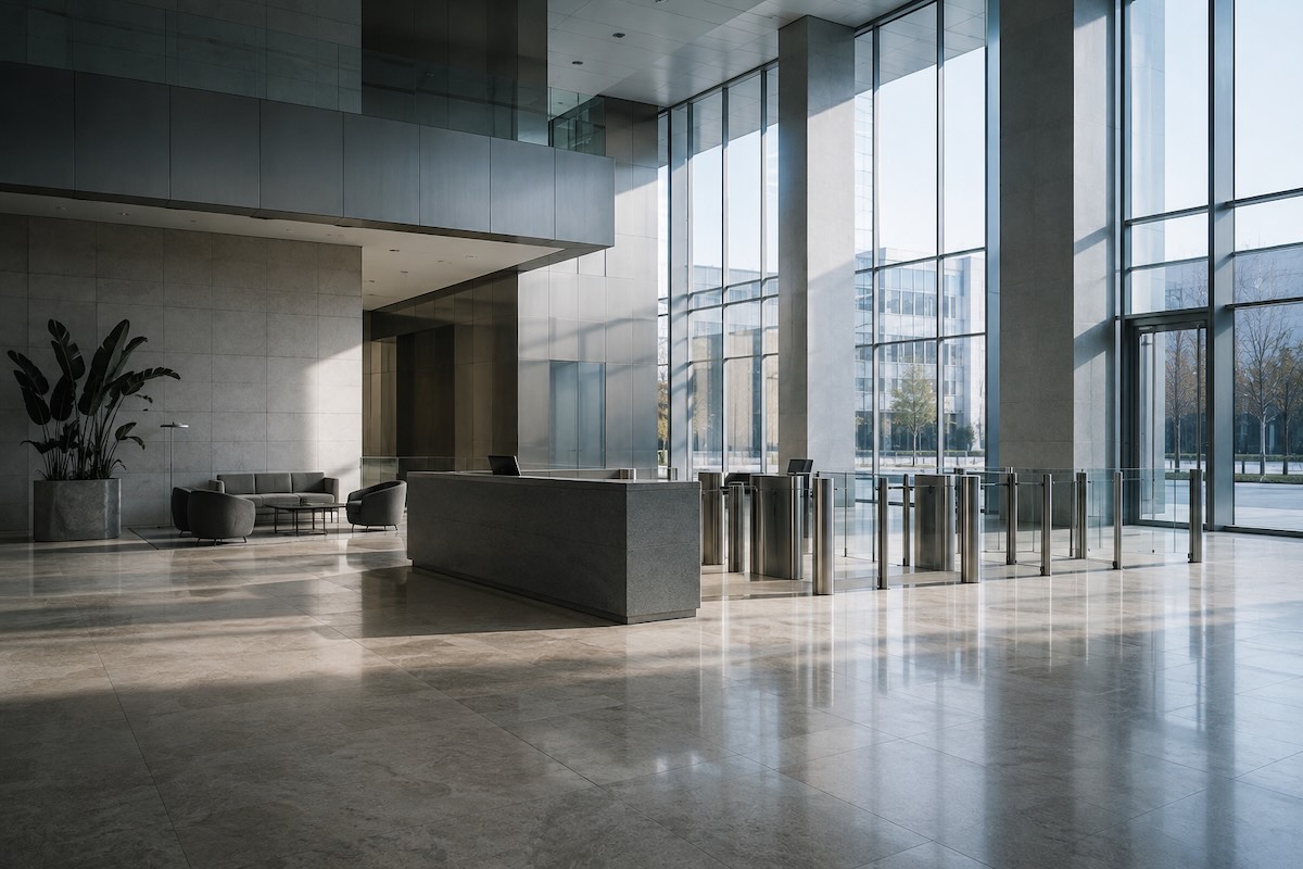 An empty modern corporate office lobby in cool morning light, the kind of space where layoff-day security waits before anyone arrives.