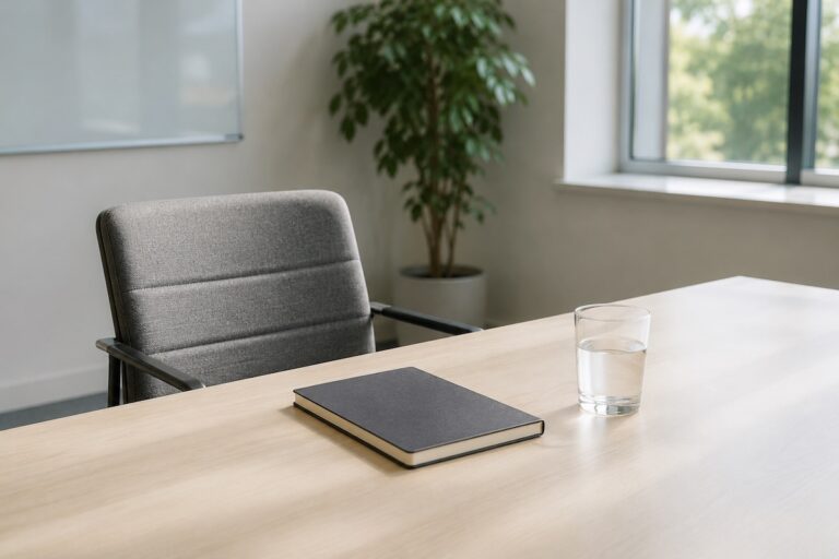 A calm, modern interview setting across a table, illustrating how to explain a layoff in an interview.