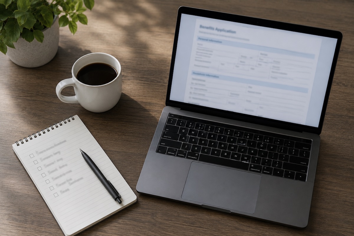 A laptop, coffee, and a notepad checklist, ready to file for unemployment after a layoff through the official state agency.