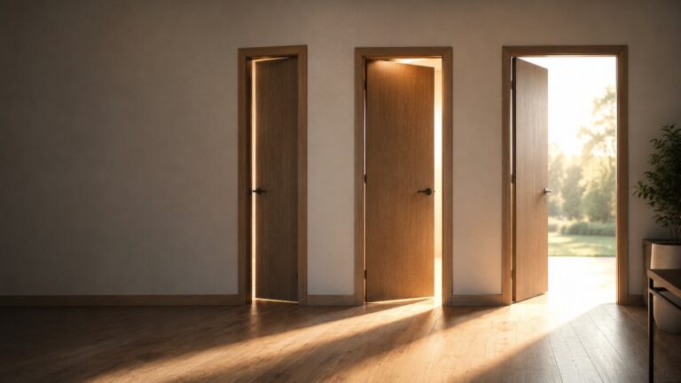 Freedom number concept: three wooden doors opening progressively, the third onto a sunlit landscape, representing the escape fund, say-no number, and full freedom number