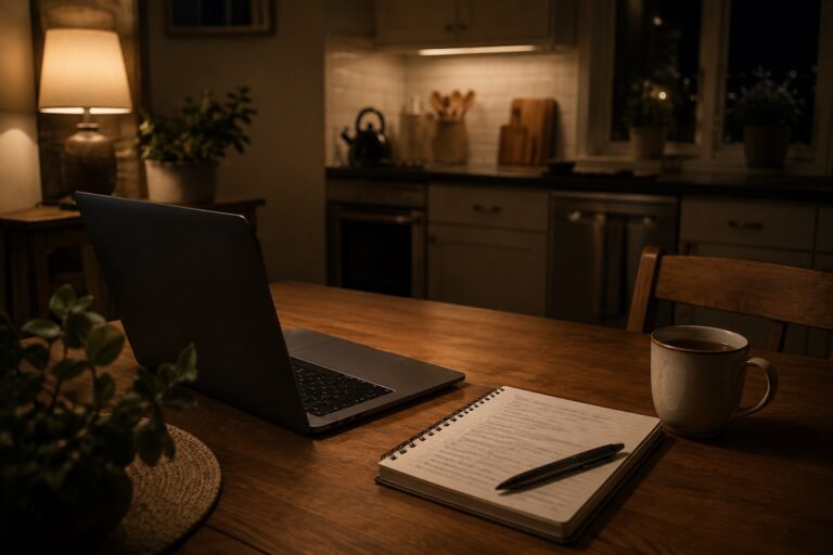 A calm kitchen-table workspace at night, where someone builds side income and freelances with a full-time job.