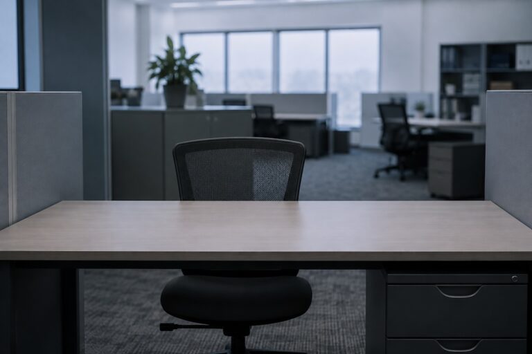 An empty, unfilled desk in a normal office under cool light, illustrating a hiring freeze and the role nobody is allowed to fill.