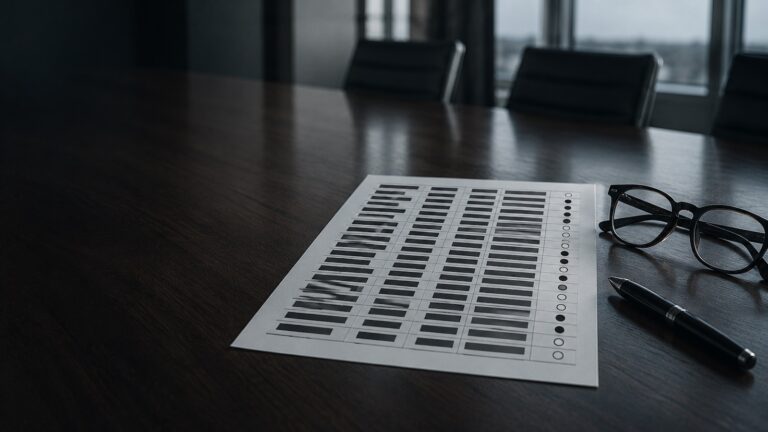 An anonymized spreadsheet on a conference table with a keep-or-cut column, illustrating how companies decide layoffs