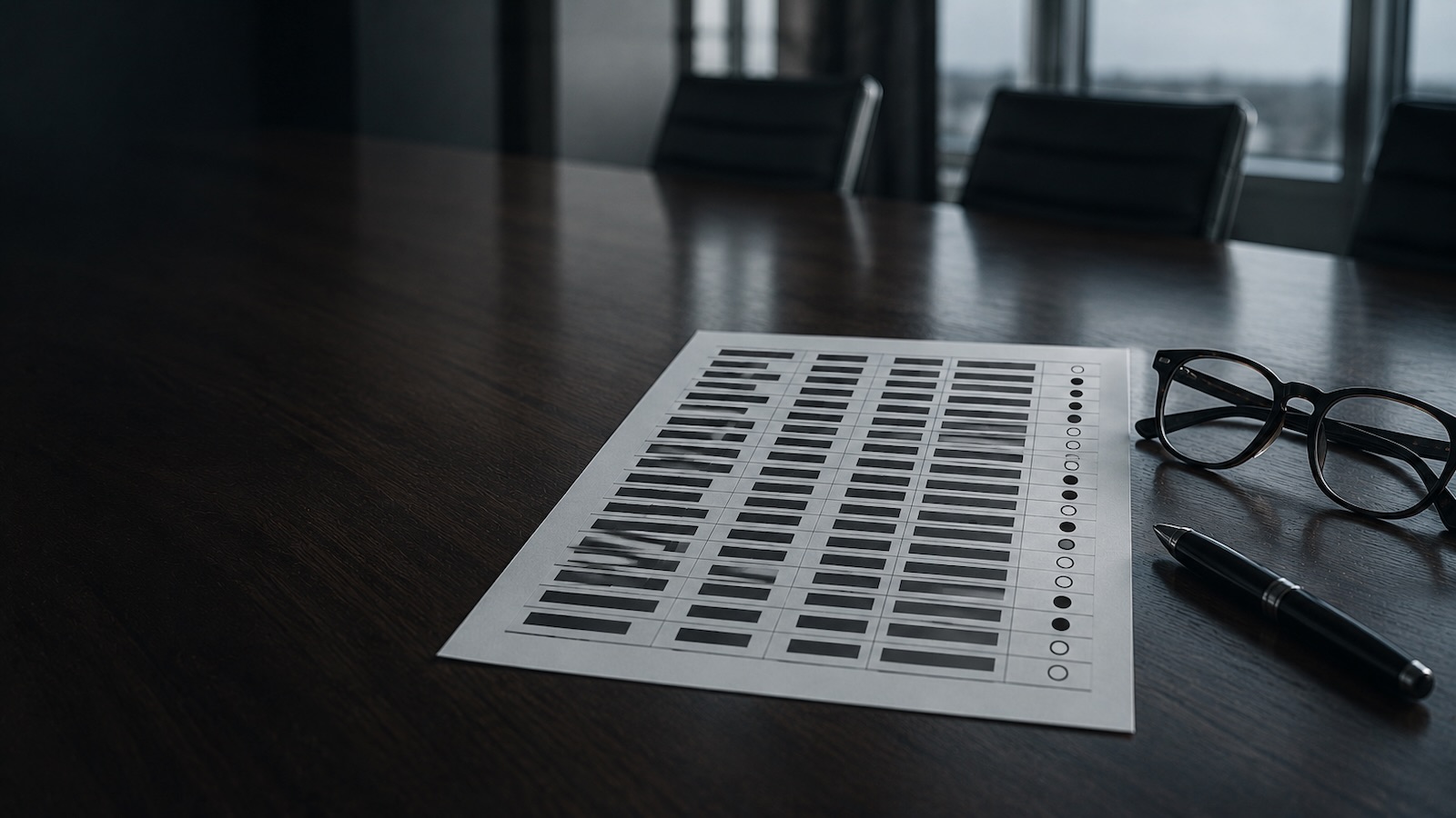 An anonymized spreadsheet on a conference table with a keep-or-cut column, illustrating how companies decide layoffs