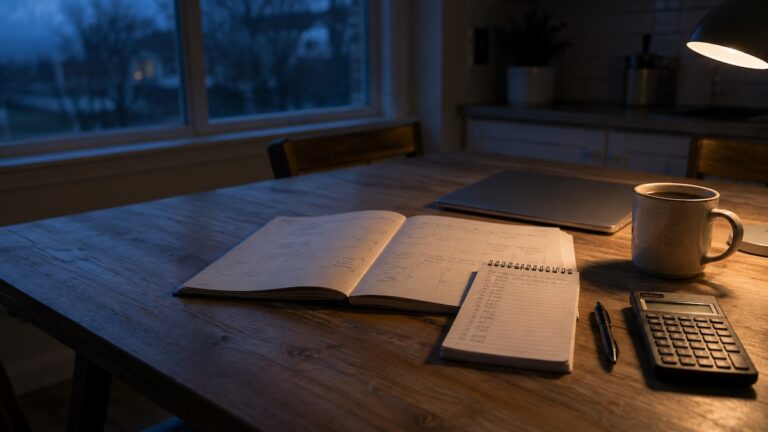 A handwritten runway calculation on a notepad beside a calendar and calculator at dawn, working out how much runway to save.
