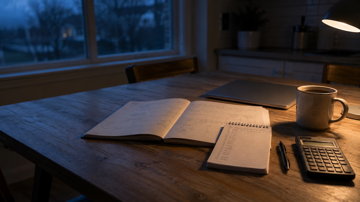 A handwritten runway calculation on a notepad beside a calendar and calculator at dawn, working out how much runway to save.