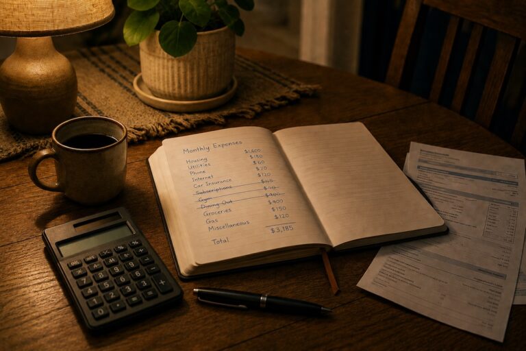 A handwritten monthly-expense list on a kitchen table at night with discretionary costs like subscriptions and dining out crossed off, one way to prepare financially for a layoff.