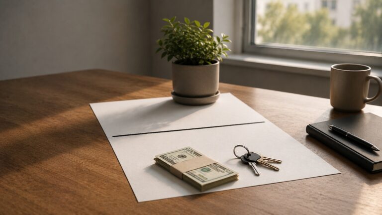 HYSA vs investing concept: a sheet of paper with a hand-drawn line, a stack of cash and house keys below it for liquid runway, and a growing plant above it for long-term investing