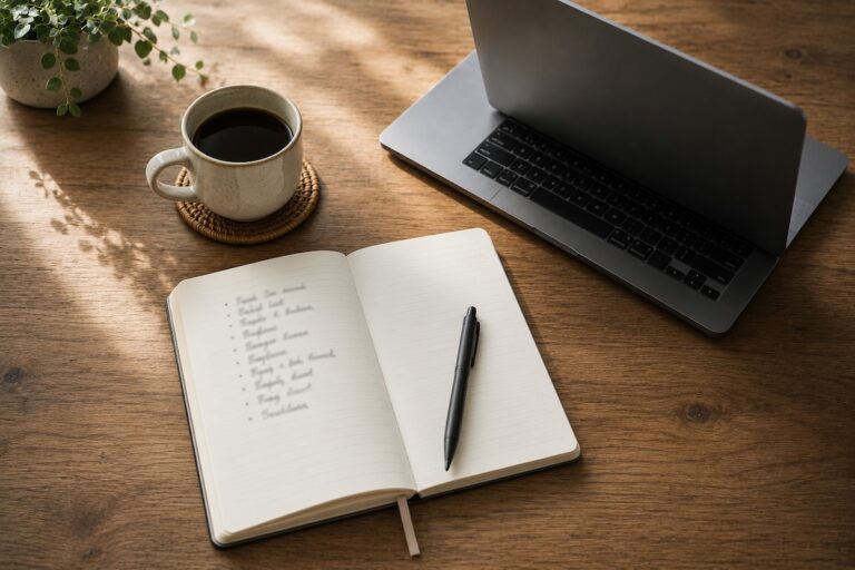 A calm desk with a notebook and laptop, planning income streams while employed without the hustle.