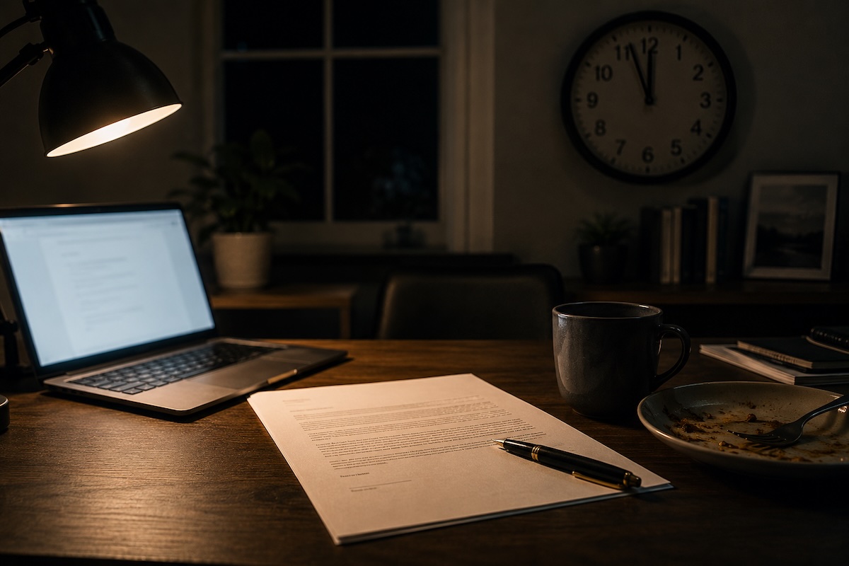 Is a promotion worth it? A promotion letter on a desk near midnight beside cold coffee and a half-eaten dinner, the quiet cost of a raise.
