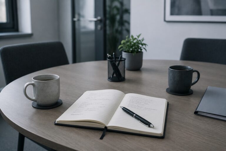 Two coffee cups and an open notebook with notes on a meeting table, a reminder that a friendly chat is still on the record, whether or not HR is on your side.