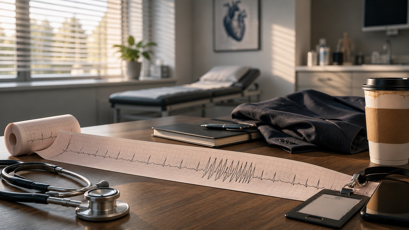 Unrolled EKG printout showing a burst of rapid heartbeats from job stress, beside a corporate ID badge, suit jacket, and half-finished coffee
