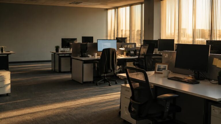 A half-empty open-plan office in late afternoon, vacant desks and one occupied workstation, the quiet scene behind layoff survivor guilt.