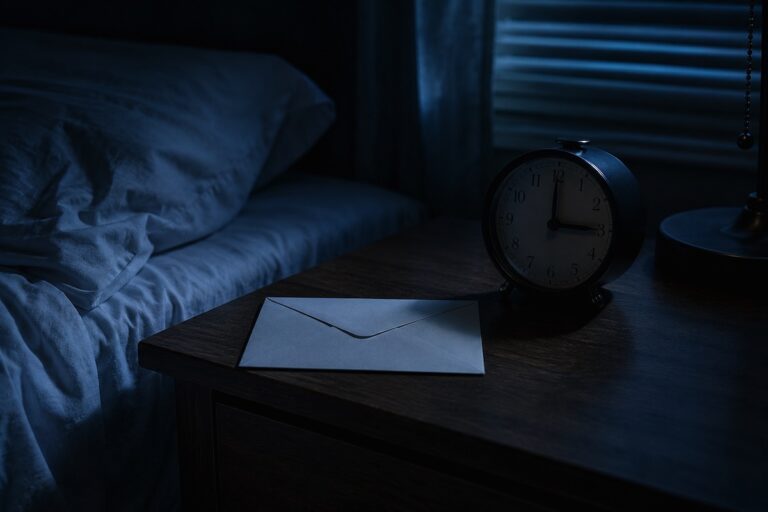 Making good money but miserable shown as an unopened envelope on a nightstand beside a clock in the dark