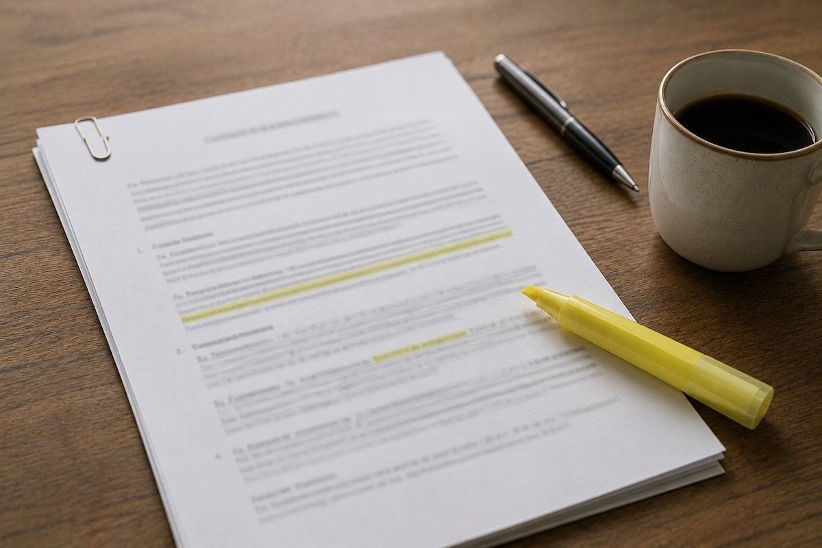 An employment contract on a desk with a highlighter, reviewing a moonlighting clause before starting freelance work.