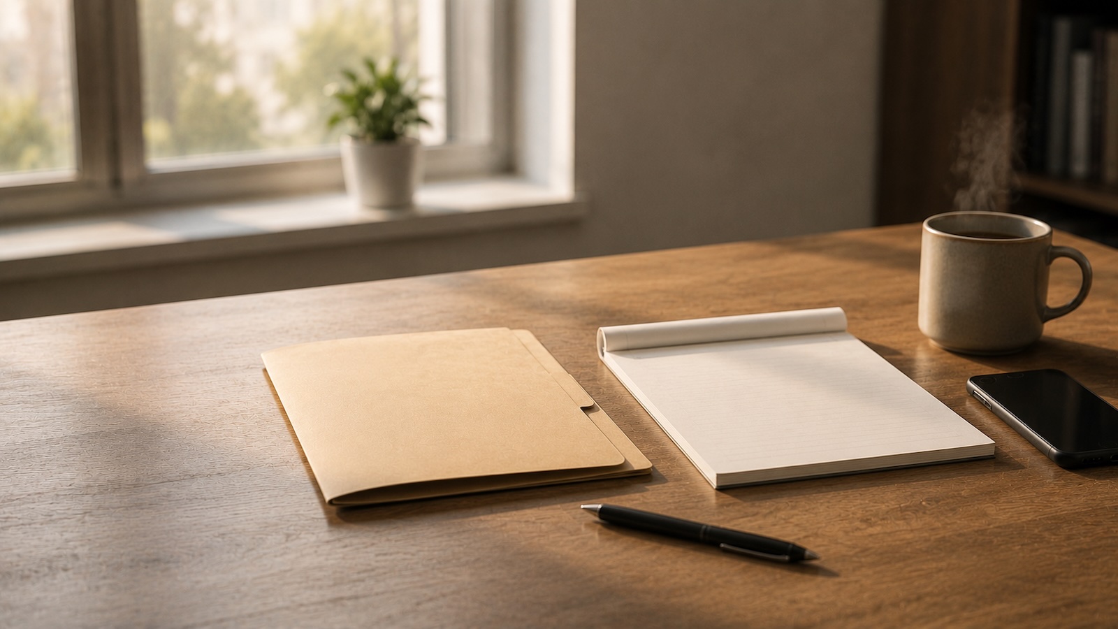 Can you negotiate severance: an unsigned document folder on a home desk with a pen set down and a blank legal pad, signaling taking the offer home to review before signing