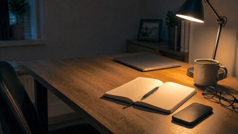 A dim desk at night with a personal notebook and pen beside a closed work laptop, documenting your plan the night you are put on a PIP
