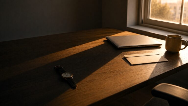 A wristwatch in shadow, a small pay envelope in fading light, and a closed laptop on a desk, showing the real hourly wage the job pays after its cut