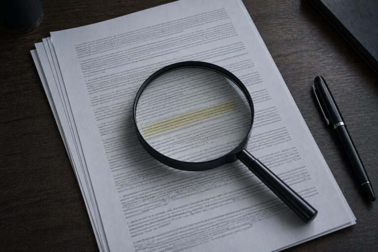 A magnifying glass over the fine print of a severance agreement, one clause highlighted in yellow, beside a capped, unsigned pen.