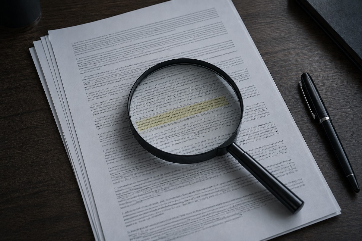 A magnifying glass over the fine print of a severance agreement, one clause highlighted in yellow, beside a capped, unsigned pen.