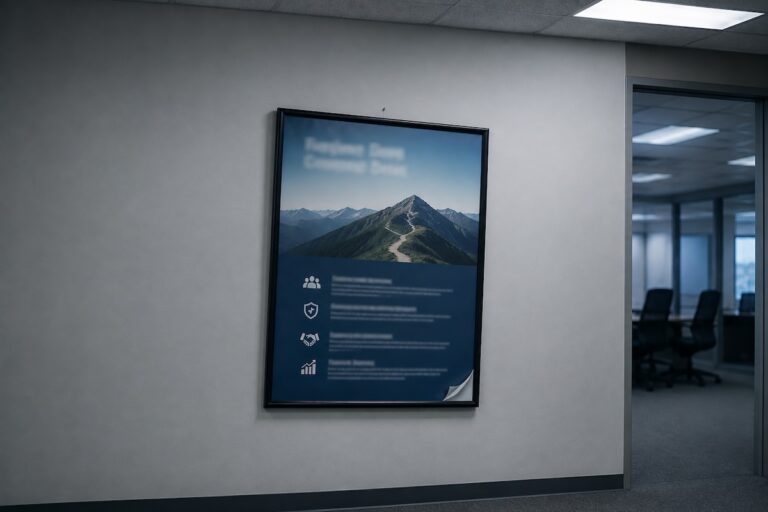 A corporate values poster with a mountain summit and team, shield, and growth icons on a sterile office wall under cold light, one corner peeling, illustrating hollow company culture phrases.
