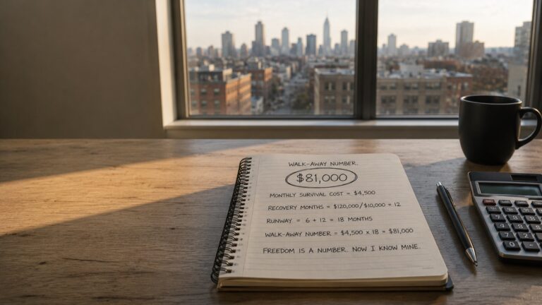 Handwritten notebook showing the Walk-Away Number formula — $4,500 monthly survival cost times 18 months equals an $81,000 walk-away money target — on a desk overlooking a city skyline.