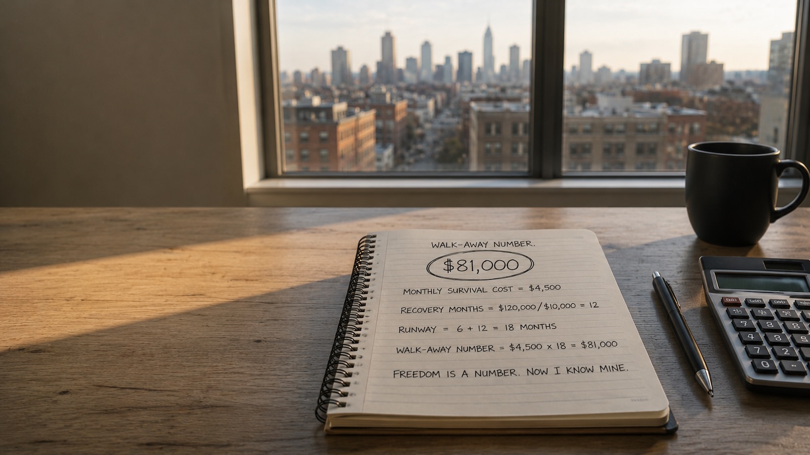 Handwritten notebook showing the Walk-Away Number formula — $4,500 monthly survival cost times 18 months equals an $81,000 walk-away money target — on a desk overlooking a city skyline.