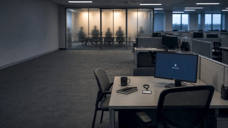 Warning signs layoffs are coming. A quiet office before the workday with an employee's desk, ID badge, and a monitor showing a blank login screen, while silhouetted figures meet behind a frosted-glass conference room.