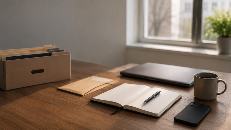 What to do when you get laid off: a calm morning desk with an open blank notebook and pen, a manila severance envelope, a cardboard box of packed files, laptop and coffee in soft window light