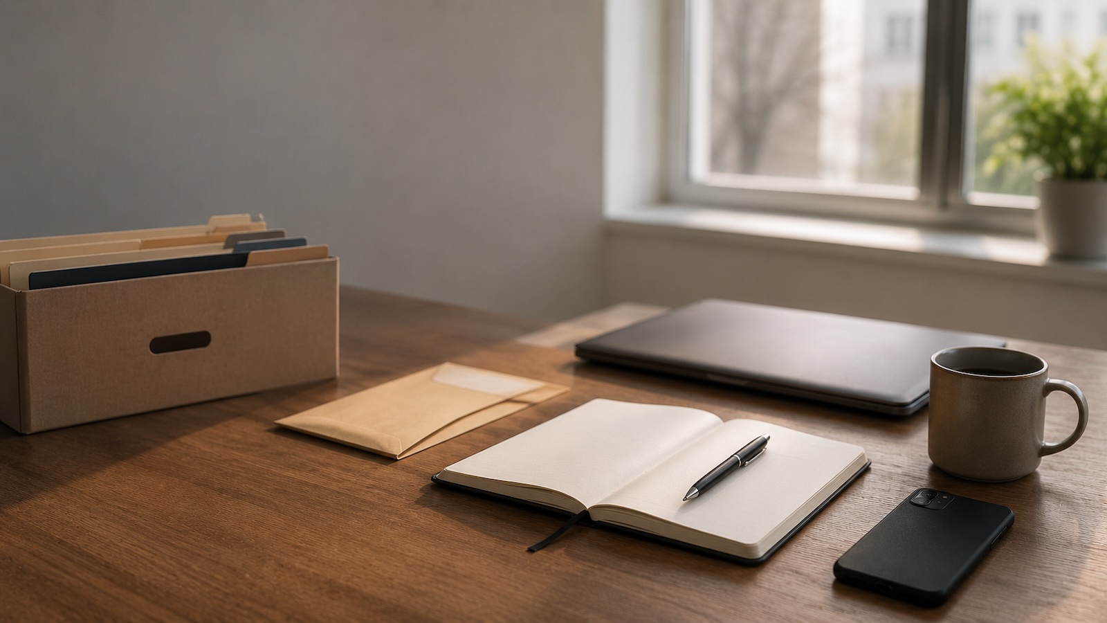 What to do when you get laid off: a calm morning desk with an open blank notebook and pen, a manila severance envelope, a cardboard box of packed files, laptop and coffee in soft window light