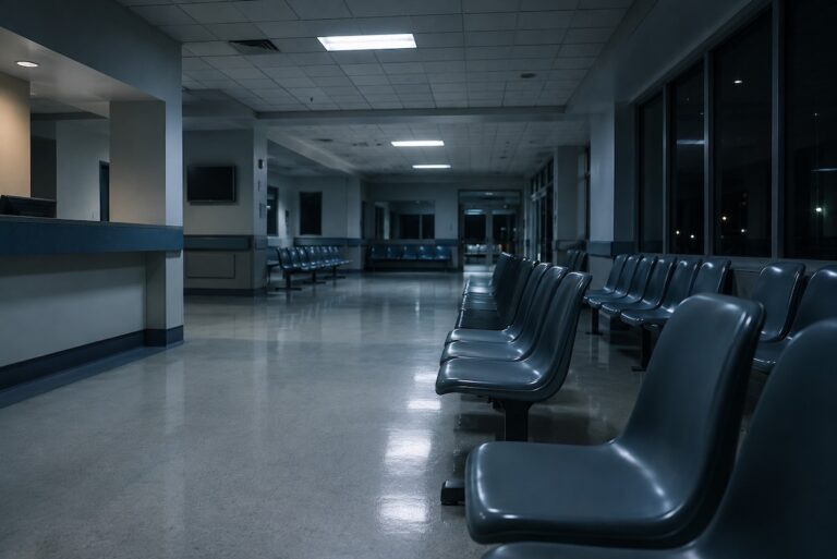 An empty hospital emergency room waiting area late at night, the kind of place a stress fainting episode can send you.