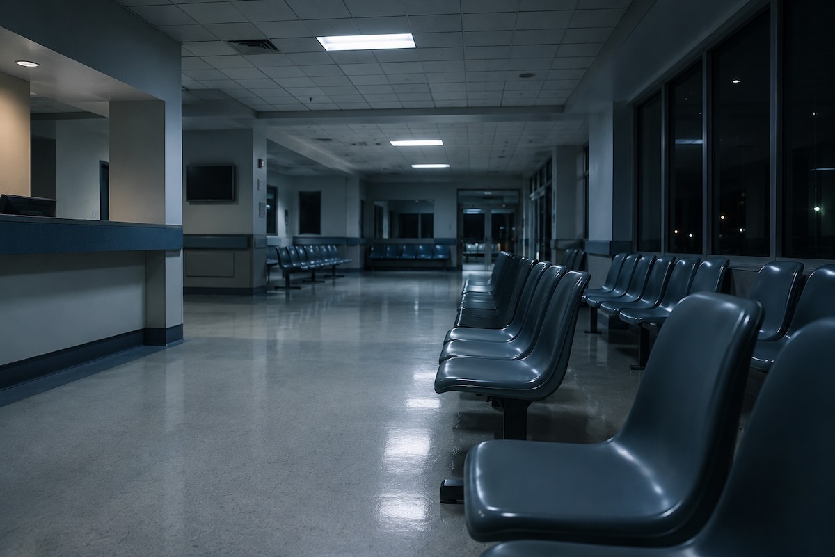 An empty hospital emergency room waiting area late at night, the kind of place a stress fainting episode can send you.