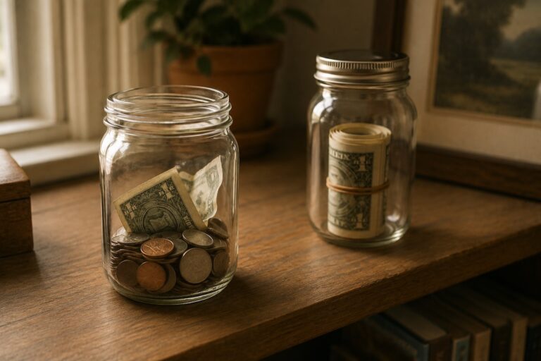 Two glass jars of cash on a warm wooden shelf, one open with loose change and one closed and set aside, a metaphor for a separate high-yield savings account.