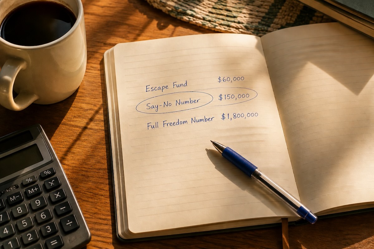 How much money do you need to quit your job? A handwritten notebook with three freedom numbers: Escape Fund, a circled Say-No Number, and Full Freedom Number, beside a pen, calculator, and coffee.
