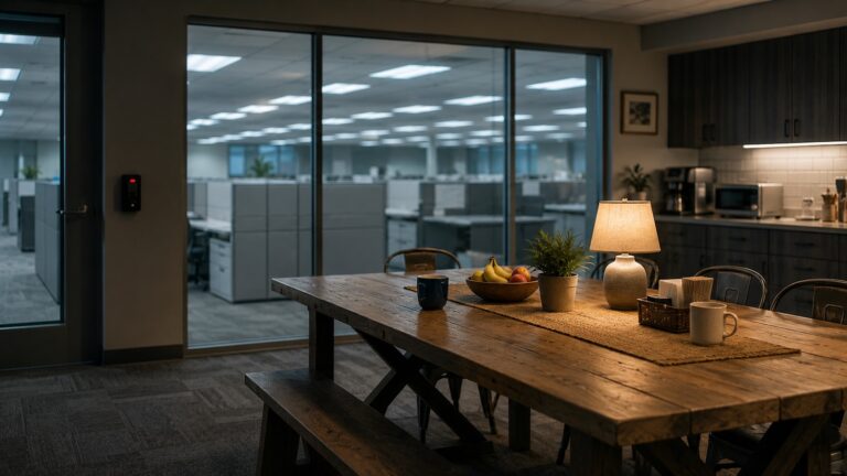 A corporate breakroom staged like a warm family kitchen beside a glass wall of cold empty cubicles, illustrating why "we're a family" is a workplace red flag