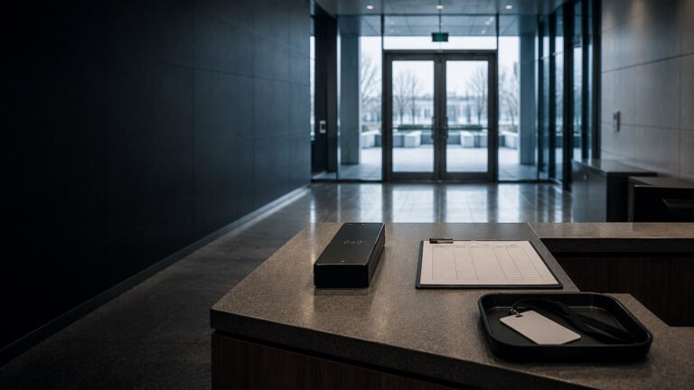 An empty corporate lobby security desk with a badge reader and a surrendered ID badge in a tray, glass exit doors beyond, showing why companies escort you out after a layoff