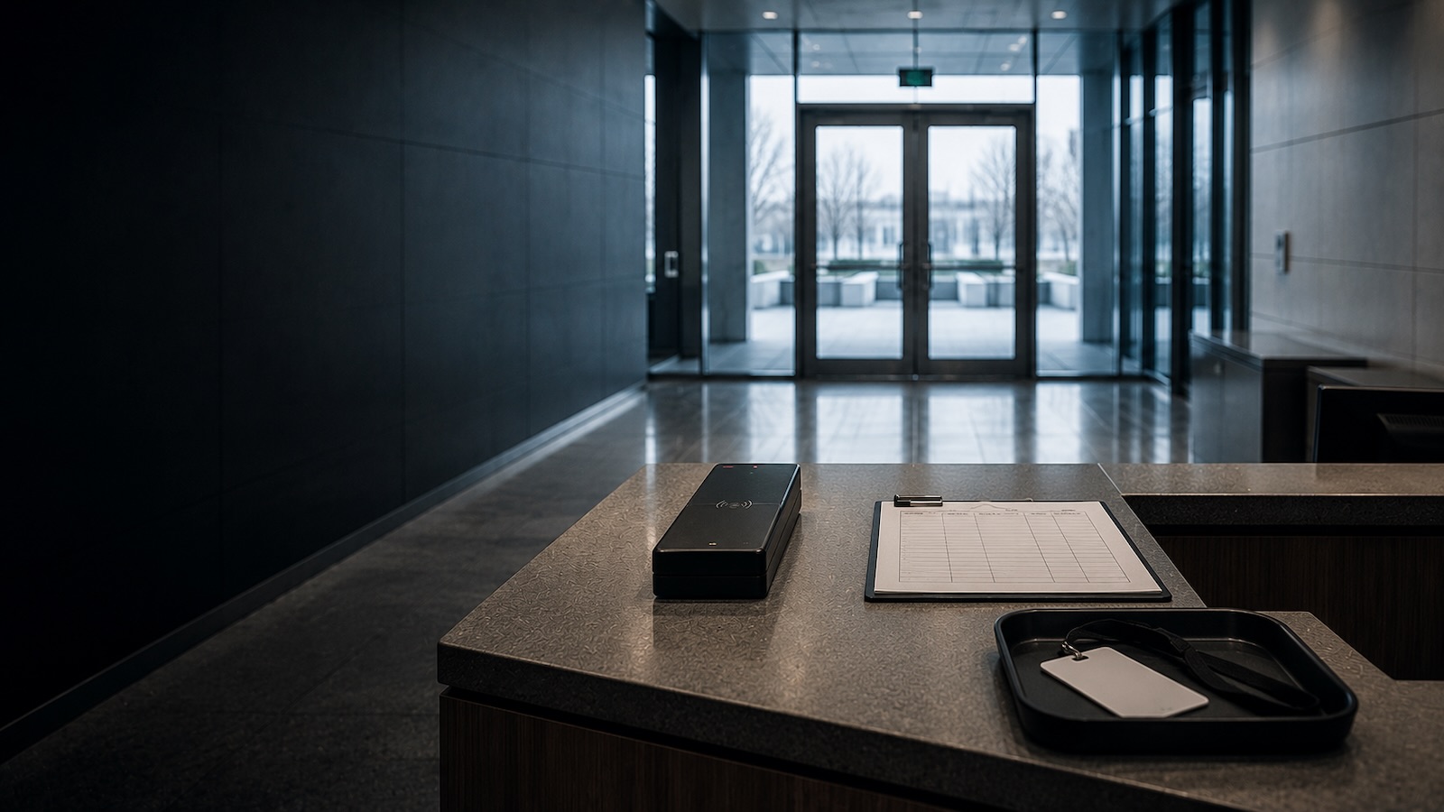An empty corporate lobby security desk with a badge reader and a surrendered ID badge in a tray, glass exit doors beyond, showing why companies escort you out after a layoff