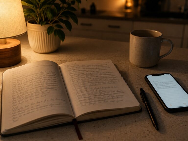 An open handwritten journal, a pen, and a phone with a notes app on a home kitchen counter in warm light, a personal file kept off company systems to document workplace issues.
