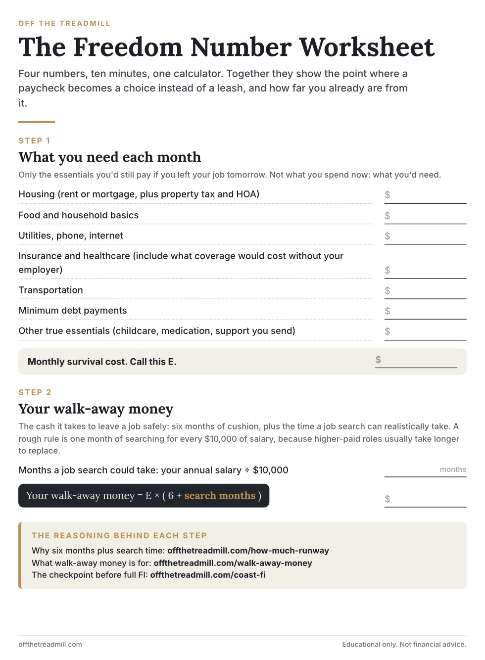 Page one of the free Freedom Number Worksheet: monthly survival cost and walk-away money steps
